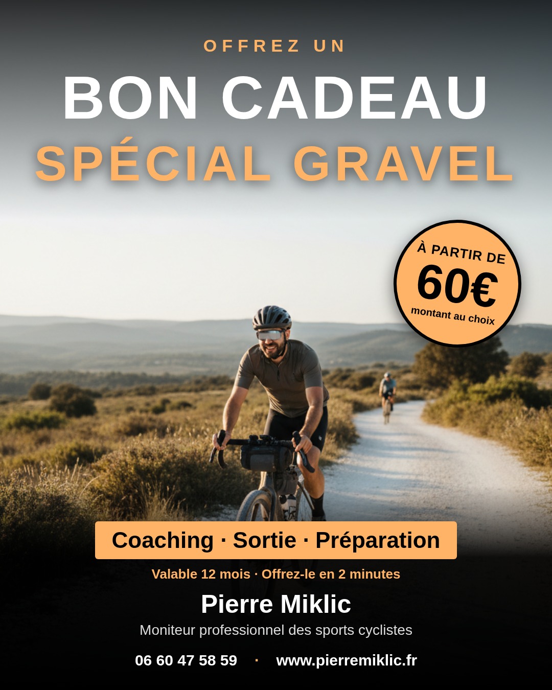 Bon cadeau spécial gravel : un cycliste sur un chemin blanc de garrigue
