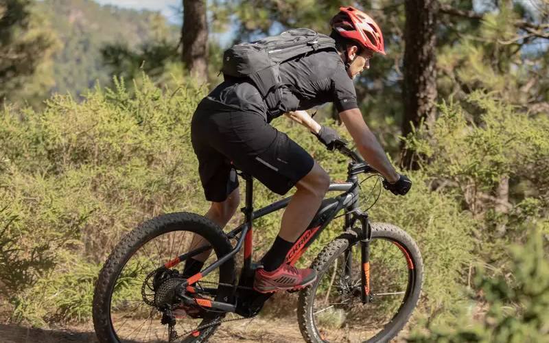 Cycliste sur un VTT à assistance électrique, sac à dos, en sous-bois