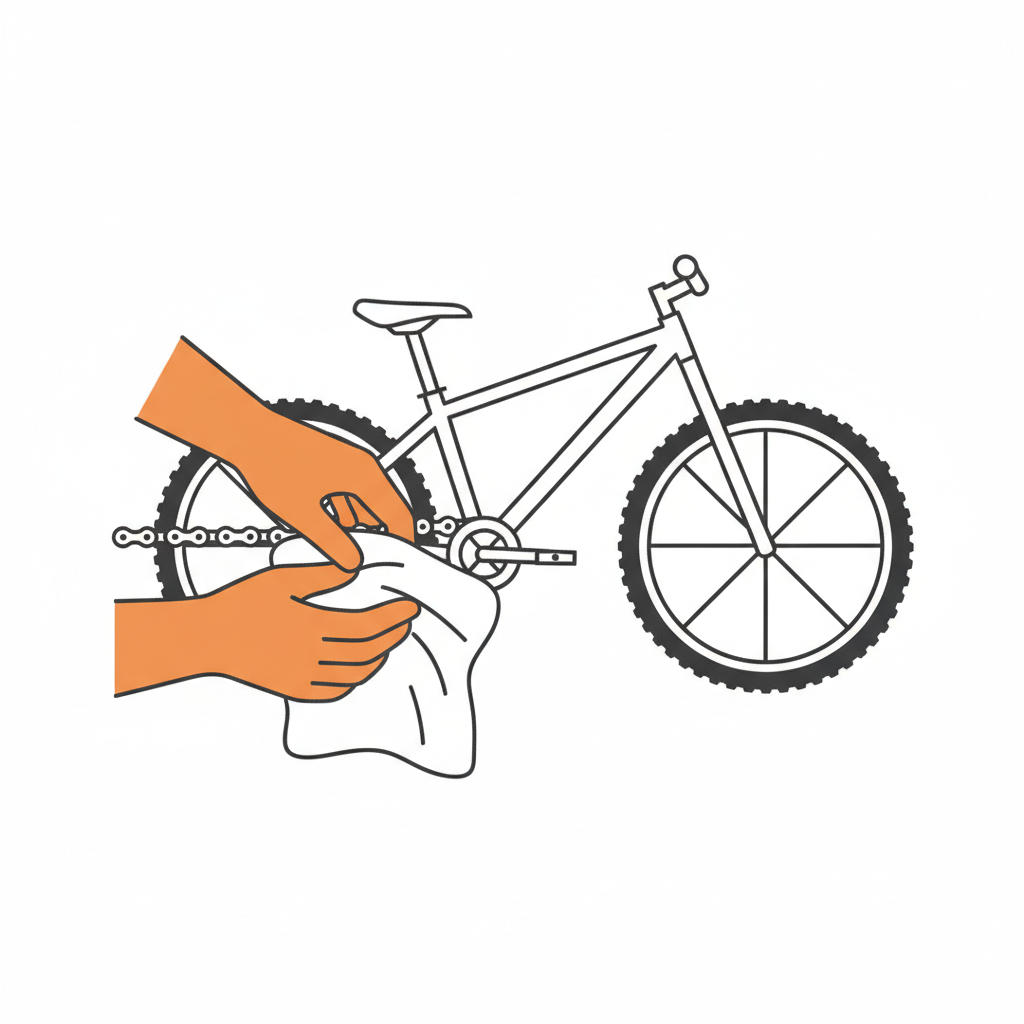 Illustration: a teenager crouching down to check and clean their mountain bike's chain