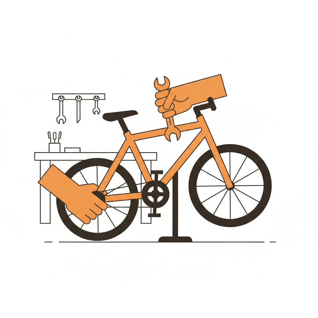 Illustration : entretien d'un vélo à l'atelier, mains et clé à molette