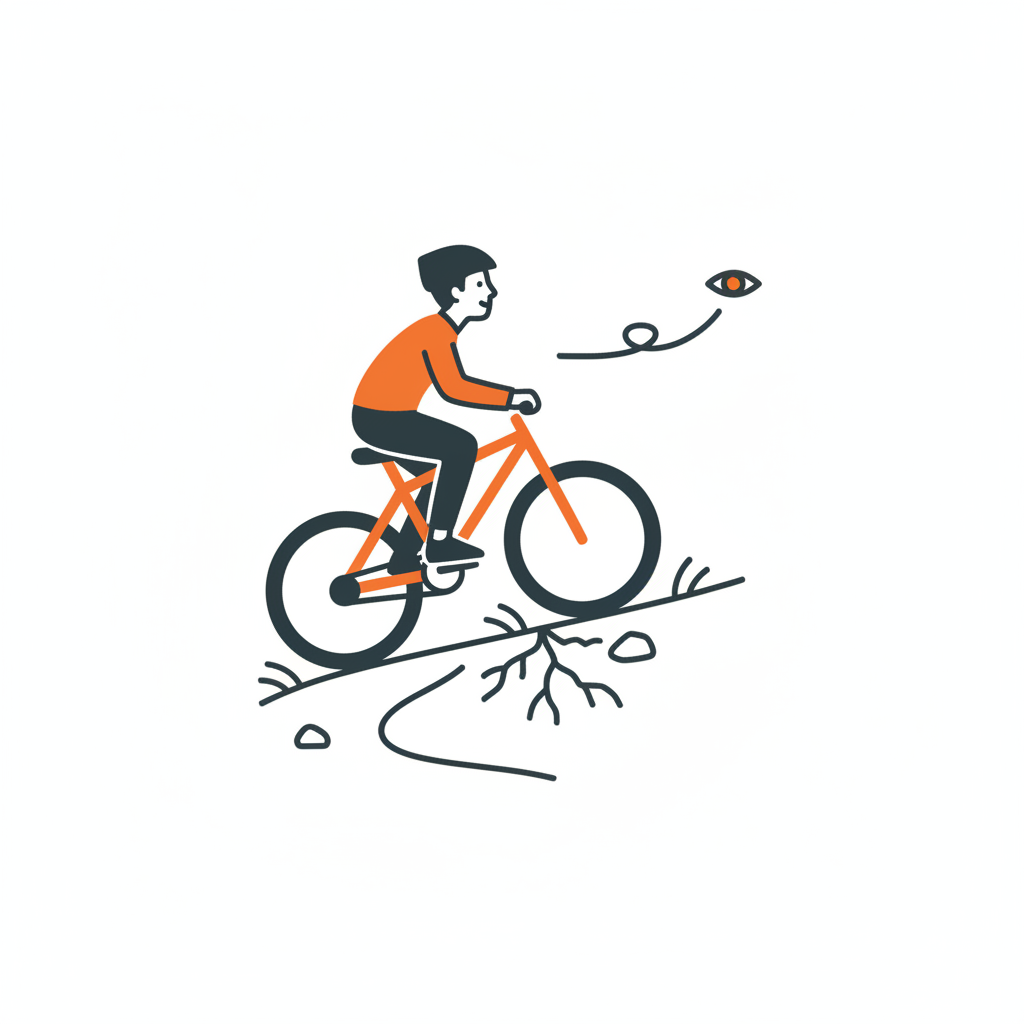 Illustration: a teenager mountain biking on a trail with roots and rocks, with an eye symbol representing an anticipating gaze